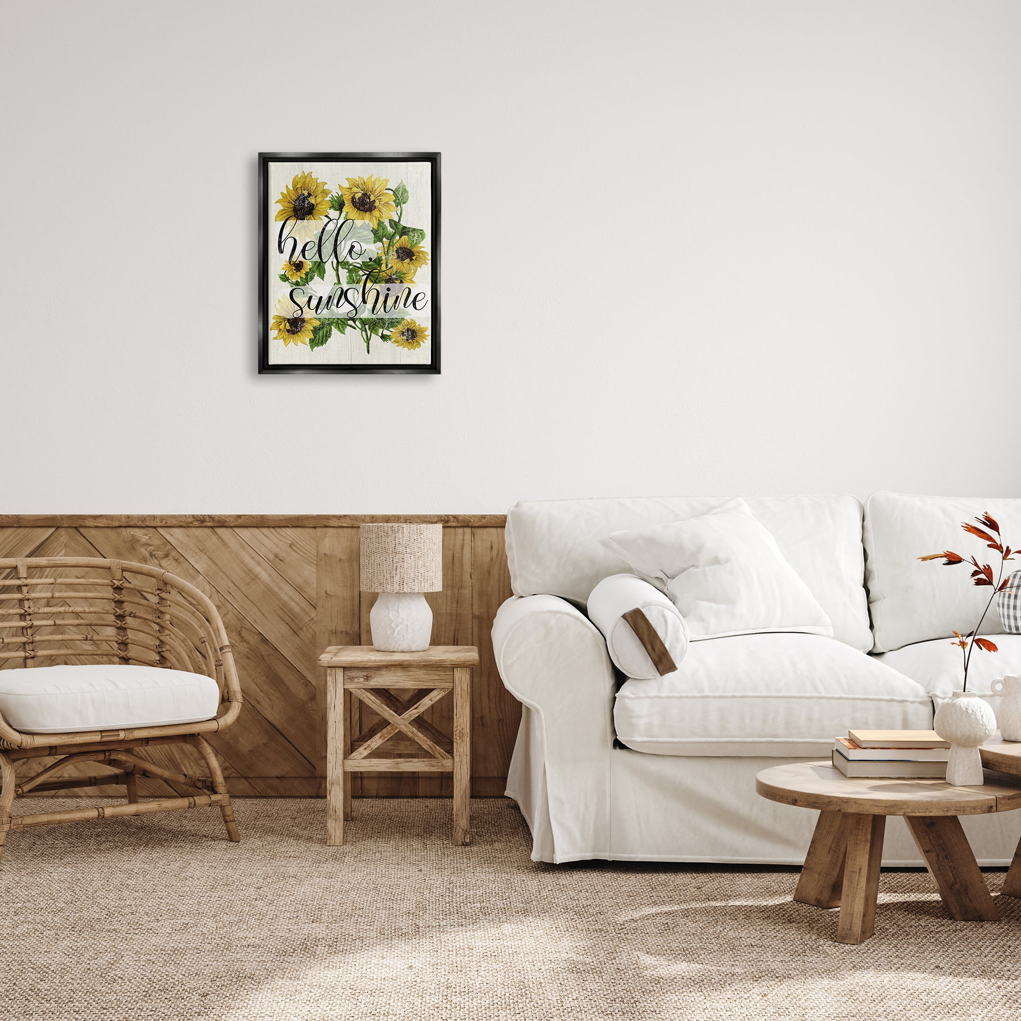Stupell Industries Vintage Painted Sunflowers with Hello Sunshine Text Jet Black Framed Floating Canvas Wall Art, 16x20, by Daphne Polselli