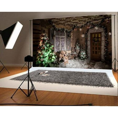 Image of MOHome Christmas Backdrop 7x5ft Photography Backdrop Xmas Tree Decoration Colored Lights Balls Wreath Brick Wall Wood Toys Festival Celebration Studio Photos Video Props Children Baby Kids Portraits