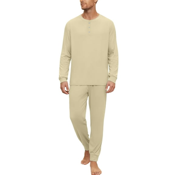 Dwelliawo Men's Viscose Pajamas Set 2 Pcs Henley Long Sleeve Shirts and Pants Pockets Pj Set Lounge Soft Loose 2025 Fall Fashion Solid Sleepwear Khaki 4XL