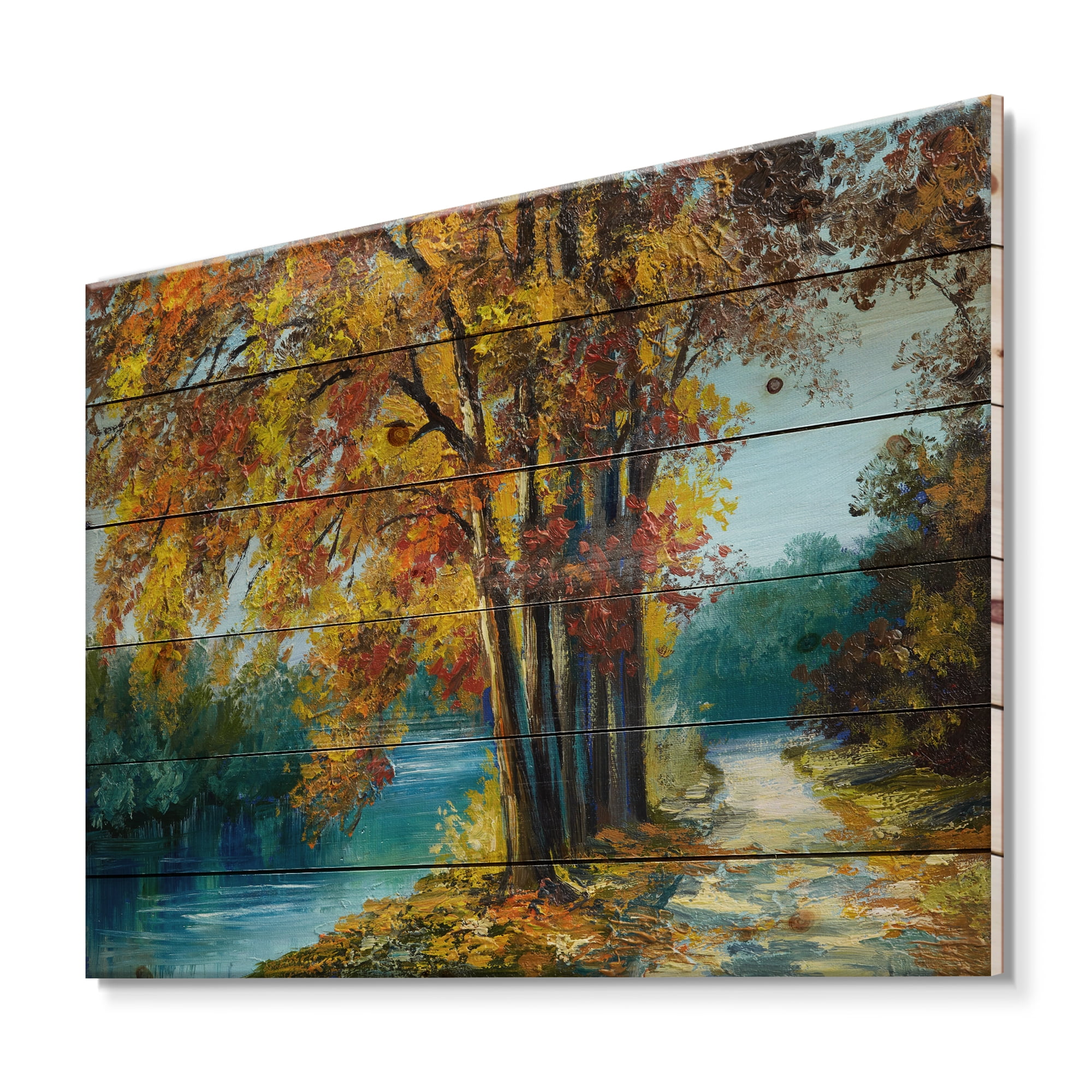Designart 'Abstract Trees In Warm Autumn Colors By Bright Blue River' Traditional Print on Natural Pine Wood