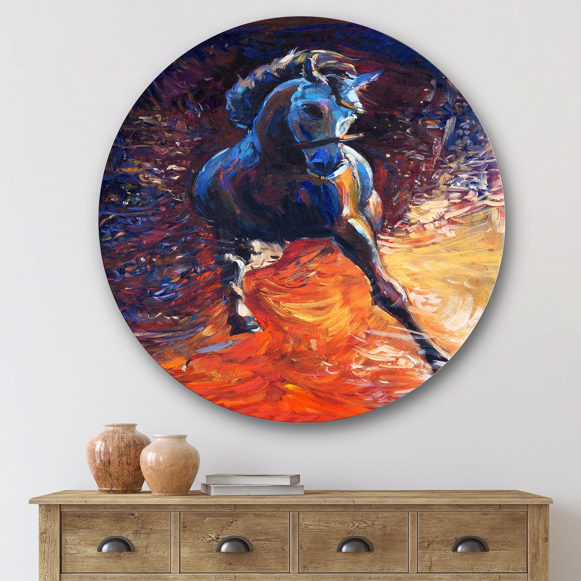 Designart 'Portrait Of A Galoping Blue Horse' Farmhouse Circle Metal Wall Art 29x29 - Disc of 29