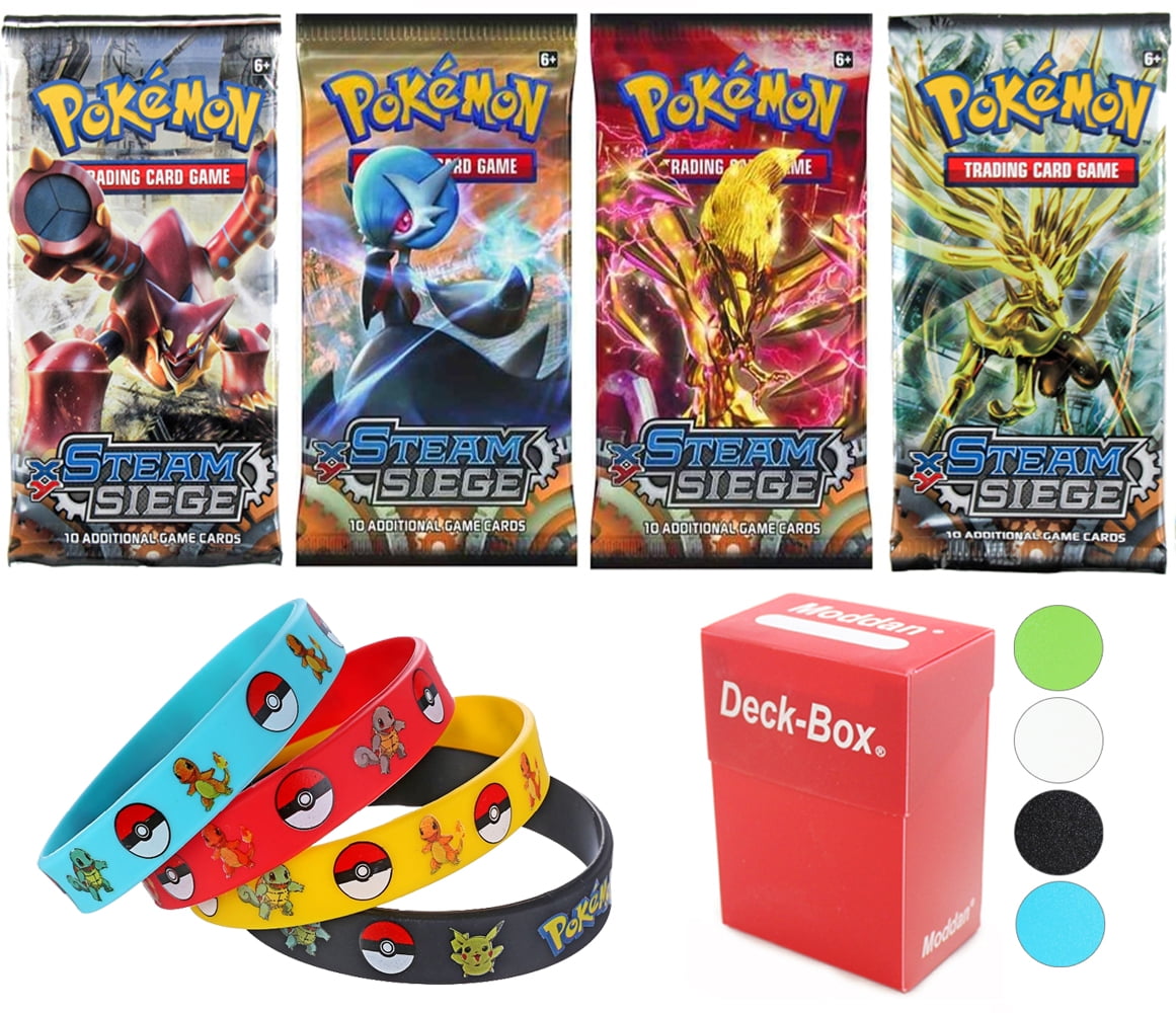 4 Pokemon Steam Siege Booster Pack + Deck Box + Bracelets