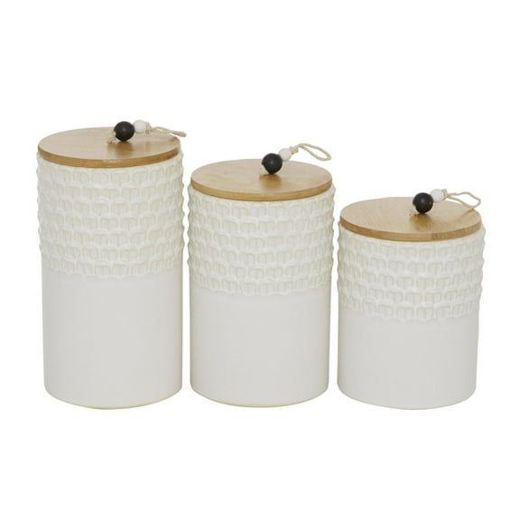 DecMode 9", 8", 7"H White Ceramic Textured Decorative Jars with Wood Lids and Black Beaded Accents, 3-Pieces