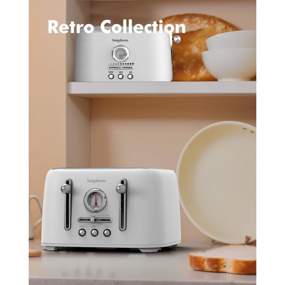 4-Slice Stainless Steel Retro Toaster with Wide Slots, 6  Levels, Defrost & Bagel Modes, White
