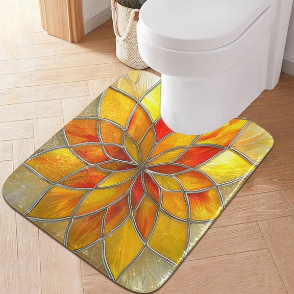 Toilet Rug U-Shaped Bathroom Rugs Non-Slip Soft Plush Machine Washable Contour Bath Mat Yellow Red Floral Stained Glass 24x20