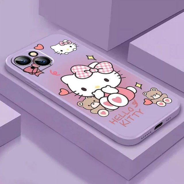 Cartoon Hello Kitty Cat Phone Case For iPhone 15 14 13 12 11 Pro Max Plus 12 13 Mini X XS Max Black Shell Shockproof Back RJ