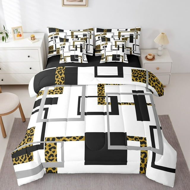 YST Ensemble de Douillette Moderne Simple 7 Pcs, Lit dans un Sac Noir et Blanc à Rayures, Ensembles de Literie à Imprimé Léopard, Ensembles de Lit Minimalistes Réversibles avec Drap Plat et Drap-Housse, Couvre-Oreillers Déco de Chambre