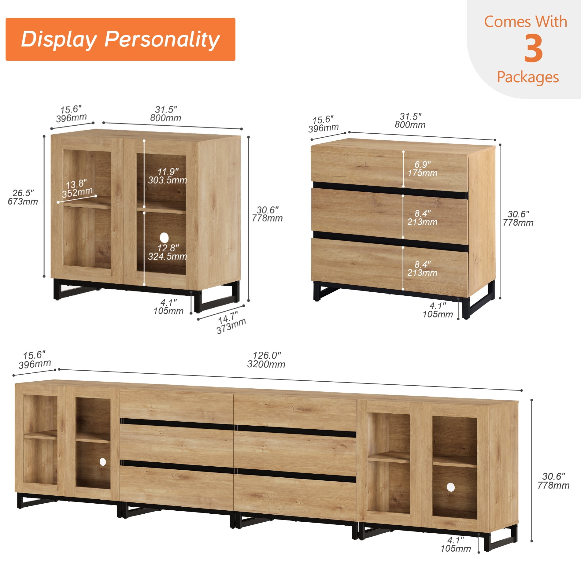 Multifunctional Coffee Bar Cabinet, 4-In-1 Storage Sideboard with Glass Doors, 6 Drawers and Adjustable Shelf, Sturdy Metal Base Buffet Cabinet for Kitchen Living Room,Oak