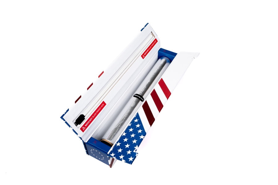 ChicWrap Red, White & Blue Foil Dispenser - Refillable Foil System with Slide Cutter, Non-Slip Bottom and 12" x 30' Refill Roll of Heavy Duty Professional Grade Aluminum Foil