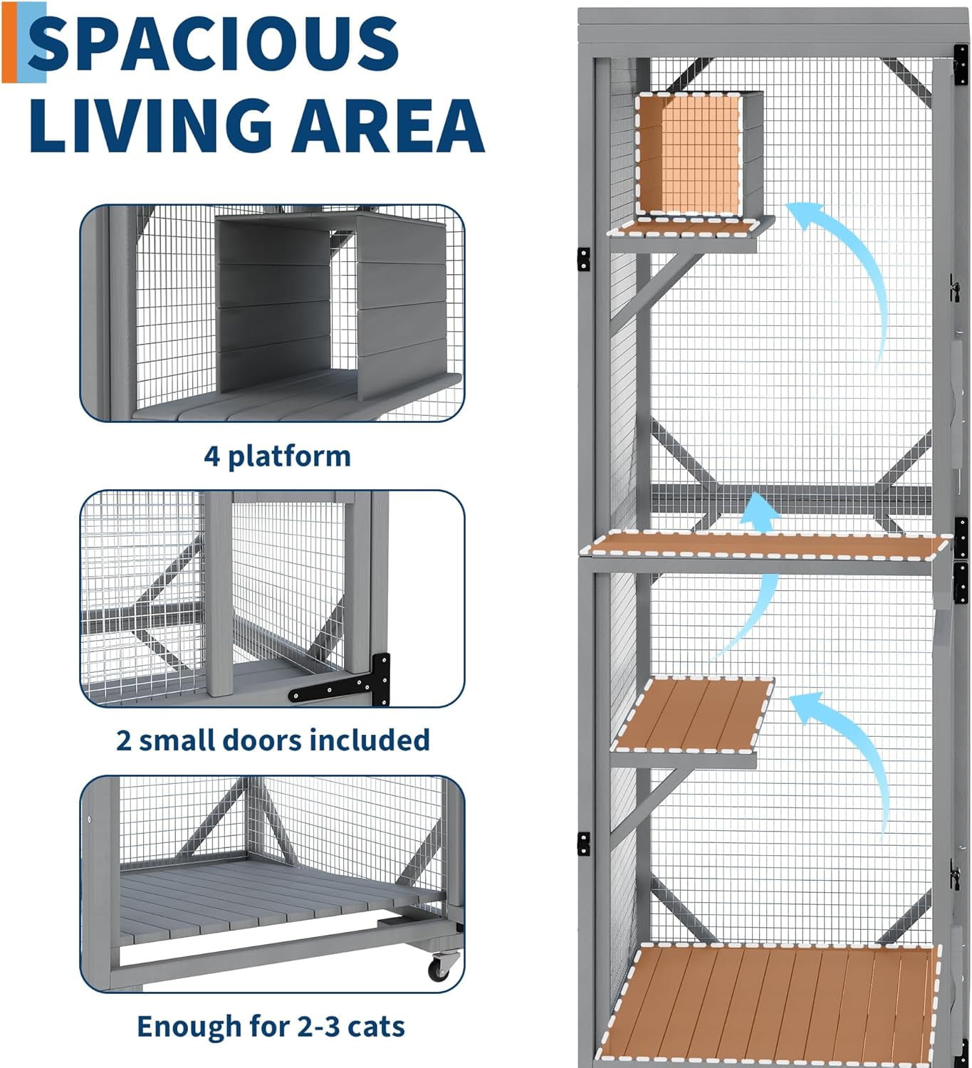Garvee 4 Tiers Catio 32.3 x 31.8 x 74.8", Outdoor Cat Enclosure, with 4 Wheels, Gray