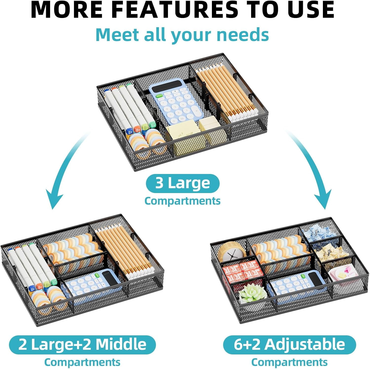 2 Pack Desk Drawer Organizer, Mesh Drawer Organizer Tray with 8 Adjustable Compartments, Desk Organizers and Accessories, 5 Dividers Drawer for Office Supplies, Makeup & Vanity (Black)