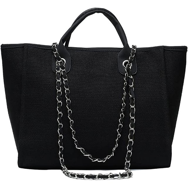 LinYooLi Women Canvas Handbag Large Capacity Chain Tote Bag PU Handle Shoulder Bag