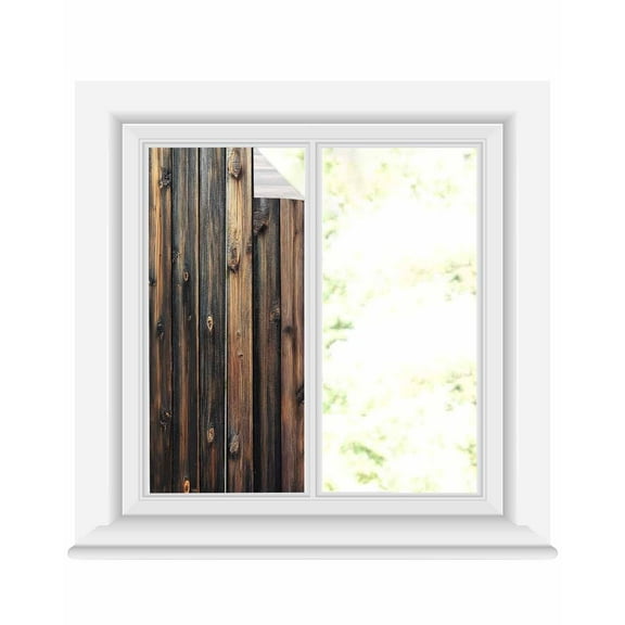 Window Privacy Film Farmhouse Wooden Stained Glass Window Film Decorative Sun Block Window Cover Brown Modernism Retro Window Clings Static Adhesive Sticker for Bathroom 19.6"x39.3"
