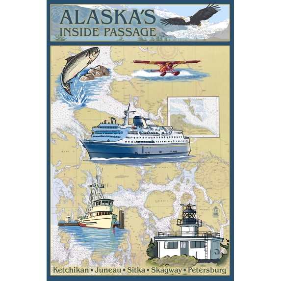 Inside Passage, Alaska, Nautical Chart (12x18 Wall Art Poster, Room Decor)