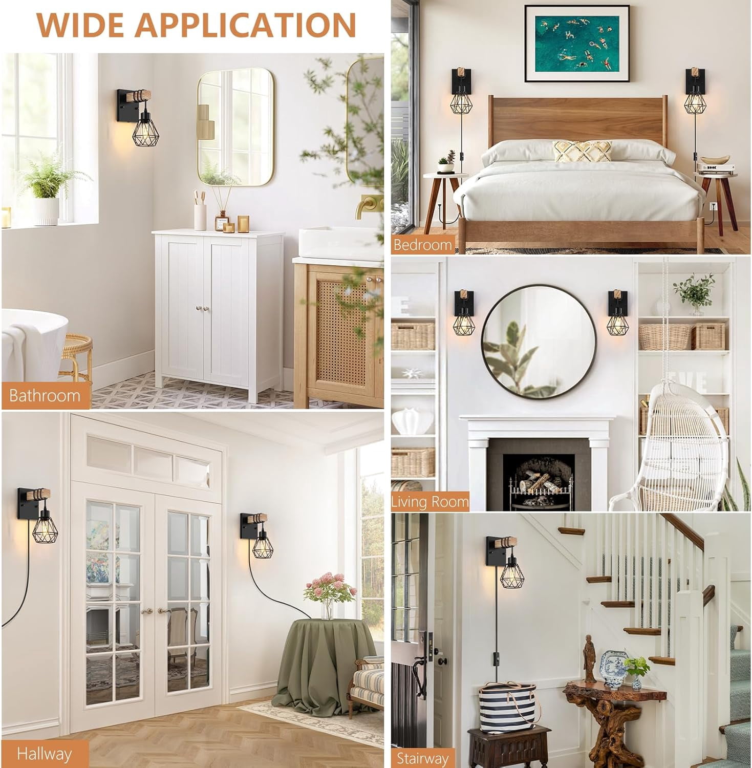 Plug in Wall Sconces Set of 2 Wood Light Fixtures Industrial Farmhouse Wall Lamps with 5.25FT on/off Switch Cord for Bedroom Living Room