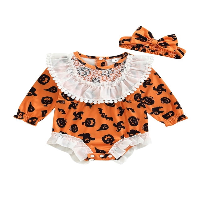 Combinaison Décontractée d'Halloween pour Bébé Fille à Manches Longues, Imprimé Bat Citrouille/Bat Ghost, avec Bandeau