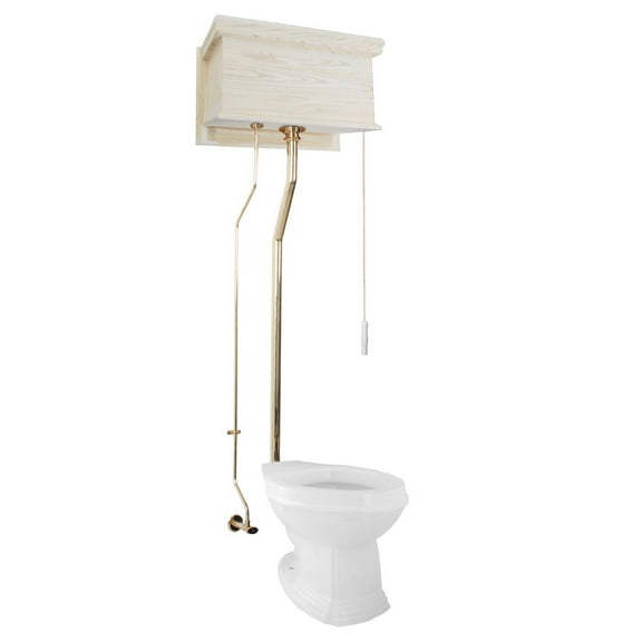 Renovators Supply High Tank Pull Chain Toilet w/Unfinished Wooden Flat High Tank 70" to 74" Adjustable Height Brass L Pipe and Elongated Toilet Bowl
