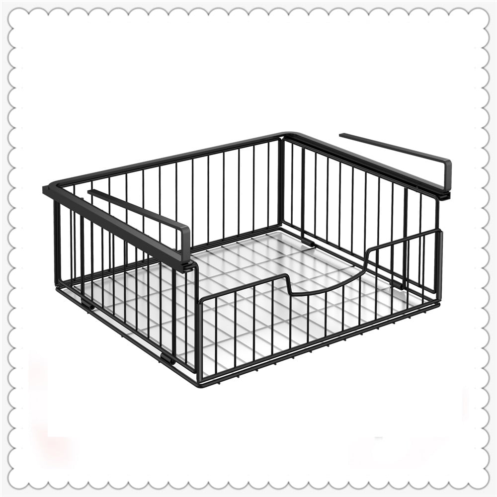 Bextsrack Metal Sliding Under Desk Basket Hanging Organizer Basket for Refrigerator, Black