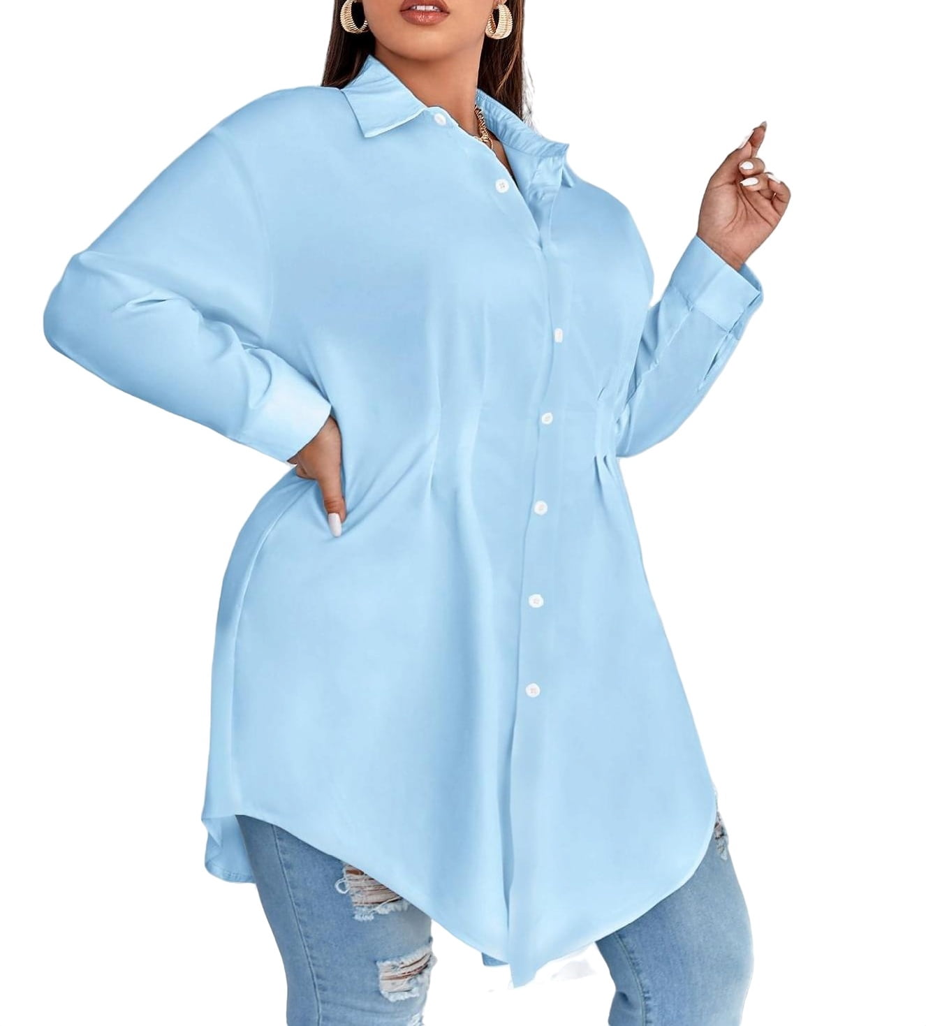 Casual Collar Shirt Long Sleeve Baby Blue Plus Size Blouses (Women's
