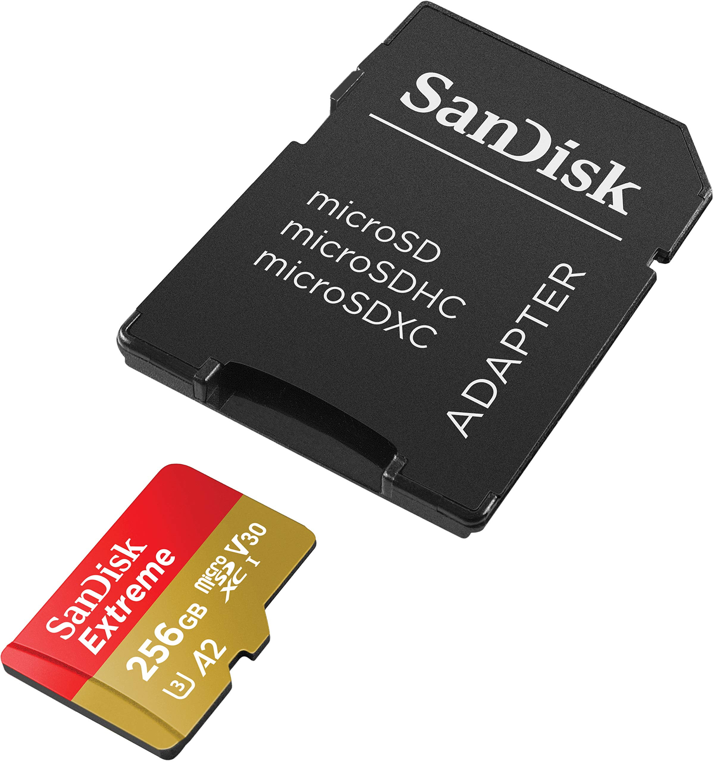SanDisk 256GB Extreme microSDXC UHS-I Memory Card with Adapter - 160MB/s,  U3, V30, 4K UHD, A2, Micro SD Card - SDSQXA1-256G-GN6MA