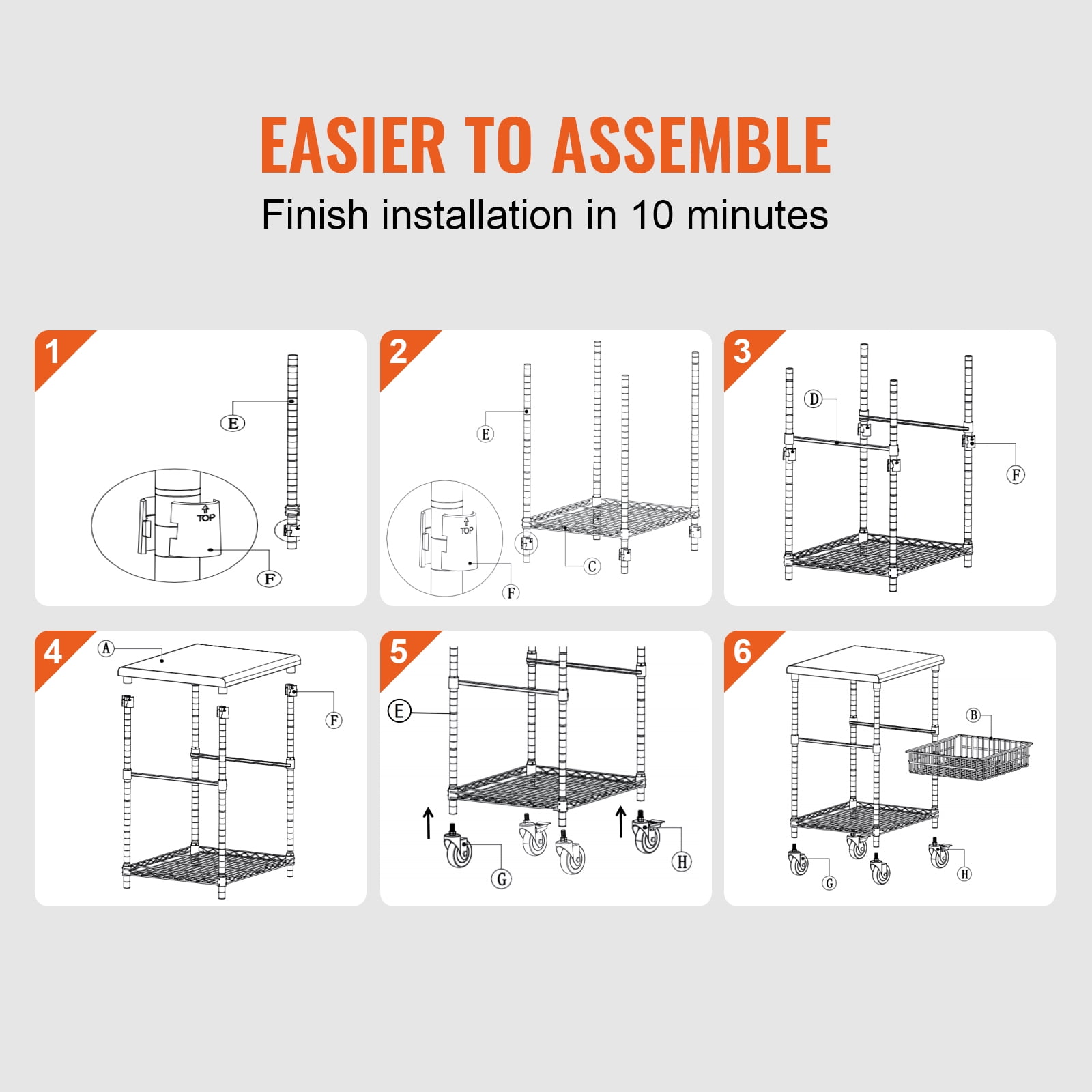VEVOR Kitchen Utility Cart,3 Tiers, Wire Rolling Cart with 470LBS Capacity,Steel Service Cart on Wheels, Metal Storage Trolley with 76mm Basket Curved Handle PP Liner 6 Hooks, for Indoor and Outdoor