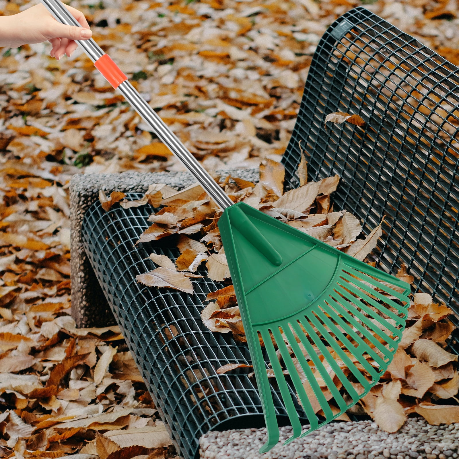Garden Leaf Rake Rakes for Lawns Heavy Duty Adjustable Short Handled Weeding Green