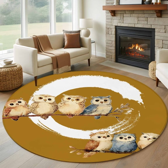 Round Rug 6Ft Washable Non-Slip, Japanese Style Circle Area Rugs for Living Room Bedroom, Brown Country Vintage Owl Birds Branches Indoor Floor Mats Carpet Runner for Home Decor Aesthetic