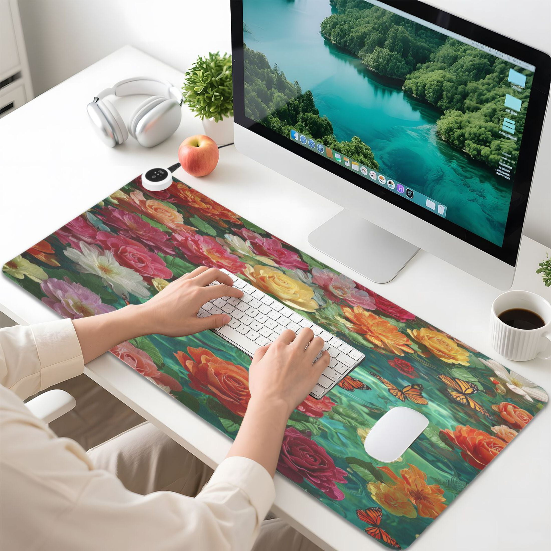 Large Heated Desk Mat Mouse Pad 31.5"x13"PU Leather Graphene Heating Desk Warmer with 3 Temperature Settings 110V US Plug Non-Slip Warm Pad for Home, Office, and Gaming Beautiful Flowers Of Colors
