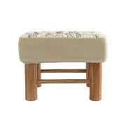 Creative Co-Op Cotton Upholstered Stool with Floral Embroidery and Pine Wood Legs, Natural