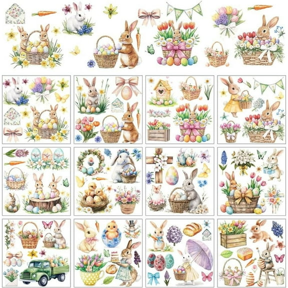 12 Sheets Easter Rub on Transfers for Crafts Rabbit Bunny Egg Flower Pattern Rub on Transfer Stickers PVC Rub on Decal for DIY Home Furniture Window Wood 14x14cm Colorful