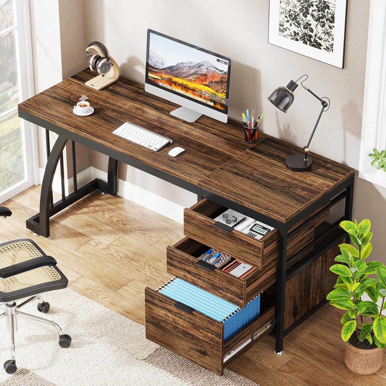 Tribesigns 59 Inch Computer Desk with 3 Drawers, Brown Industrial PC Desk with File Storage
