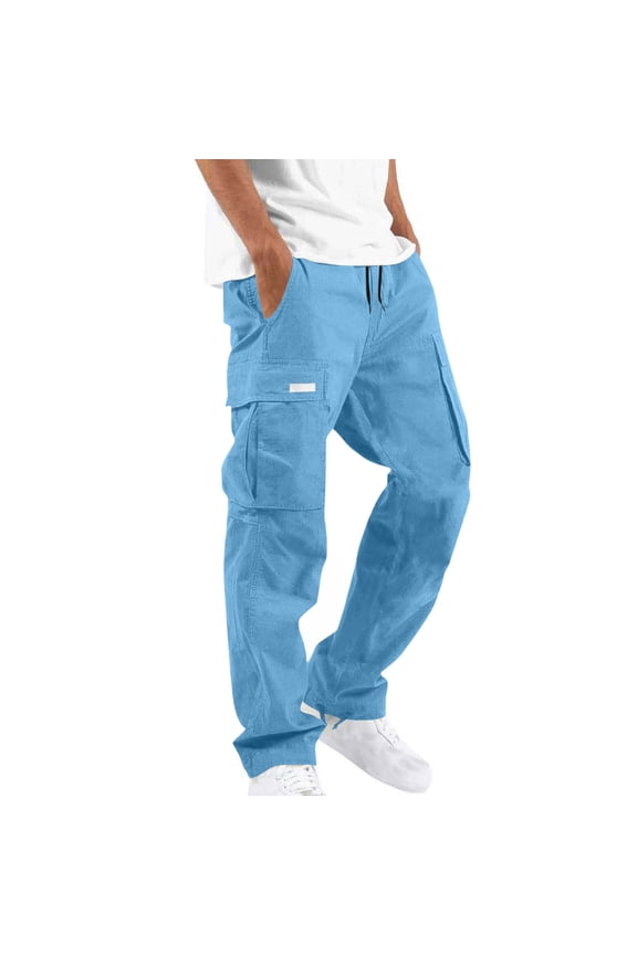 Men Label Patch Drawstring Waist Multi-Pocket Straight Leg Cargo Pants Adjustable Ankle Utility Trousers