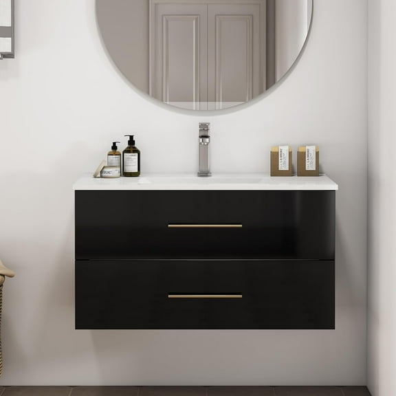 Censi 36-Inch White Gloss Wall-Mounted Bathroom Vanity with Sink Combo,Double Drawers,Ceramic Sink, Long Gold Metal Handle,Easy Installation, High Glossy Black