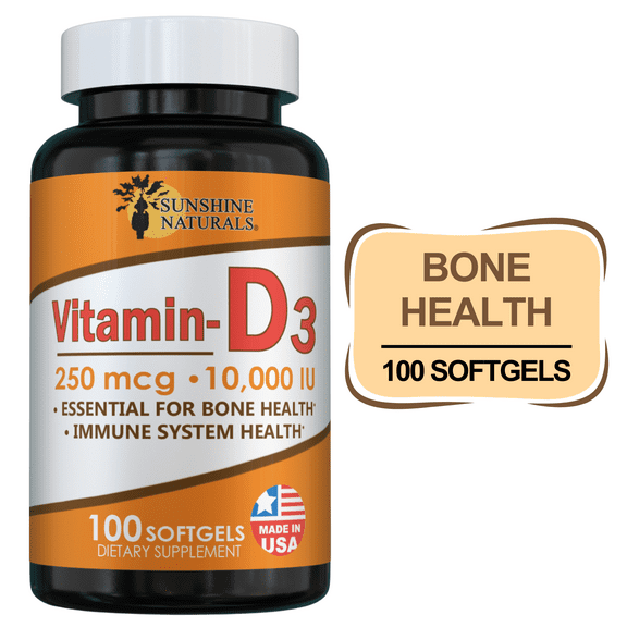 Sunshine Naturals Vitamin D3 10000 IU 250MCG Softgels, 100 Count