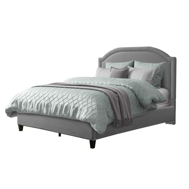 CorLiving Florence Fabric Upholstered Adult Bed Frame with Arched Headboard with Nail head Trim Accents - Box Spring Required