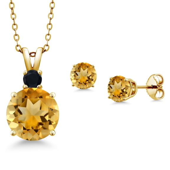 Gem Stone King 18K Yellow Gold Plated Silver Round Yellow Citrine and Black Onyx Pendant and Earrings Jewelry Set for Women (5.10 Cttw, Gemstone Birthstone, with 18 inch Chain)