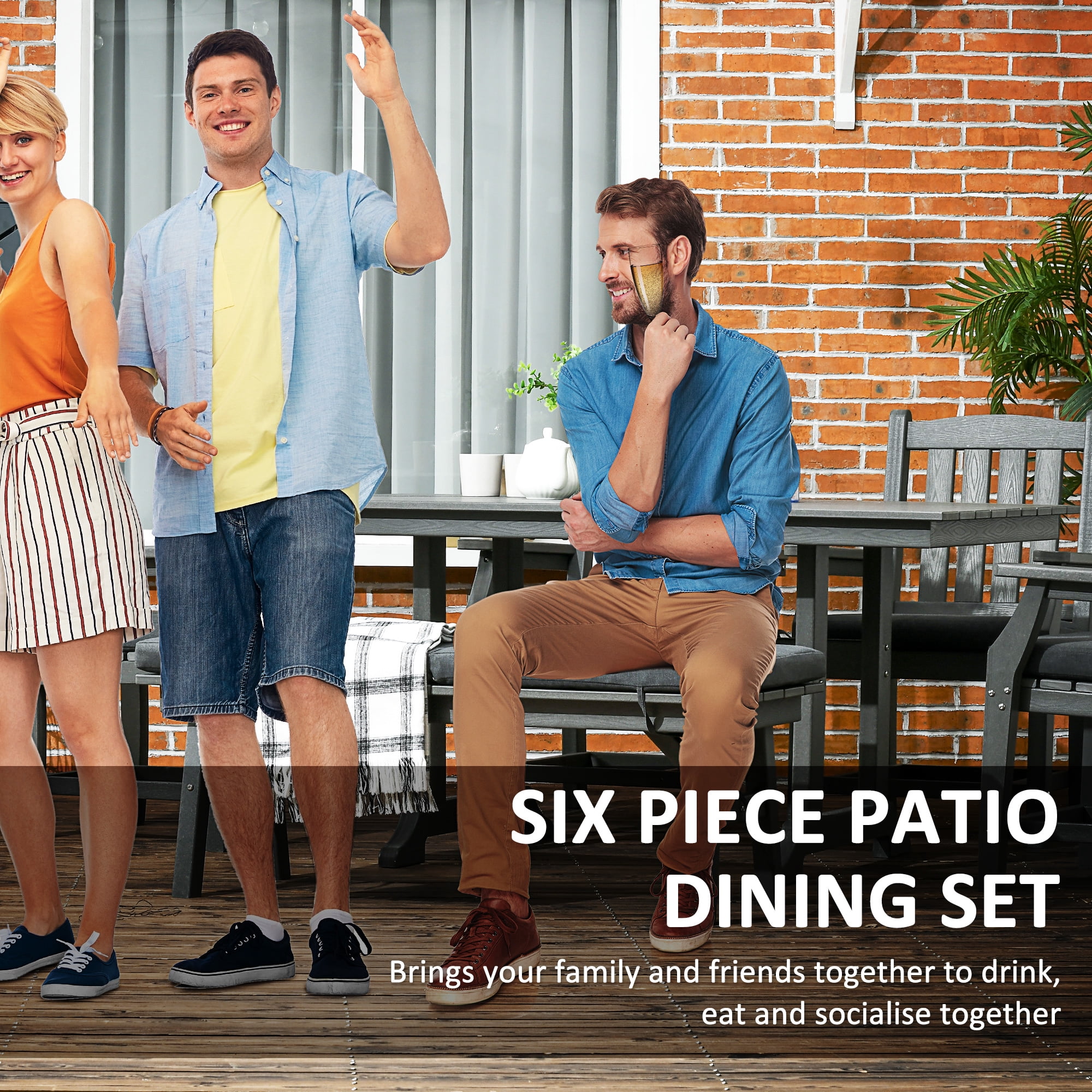 Outsunny Outdoor Dining Set, Patio Table and Chairs Set of 6, Conversation Furniture with Armrests, Loveseat Bench, Umbrella Hole, Cushions