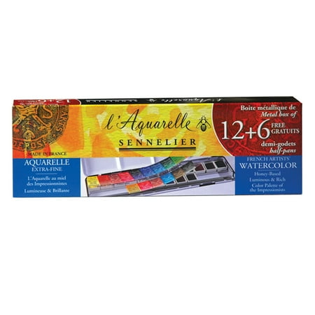 Metal Watercolour - Sennelier l'Aquarelle French Artists' Watercolor Metal Case Set of 12 + 6 FREE Half Pans
