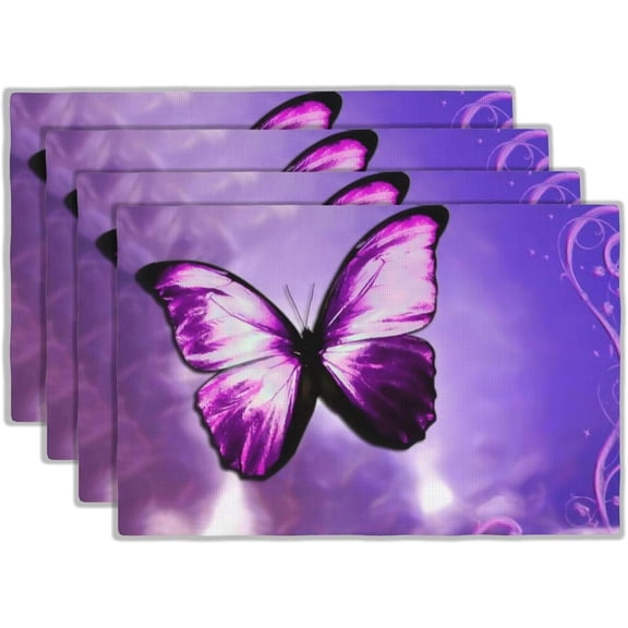 Purple Butterfly Placemats Set of 4 Magical Butterfly Placemats Linen Washable Place Mats Rectangular Cloth Table Mat for Party Kitchen Dining Decoration Indoor Outdoor, 12x18 inch