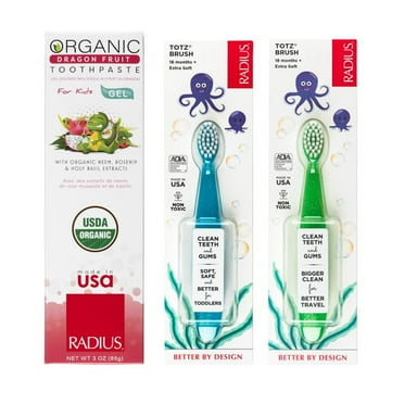 RADIUS Toddler Toothbrush and Toothpaste Bundle for Kids, 2 Pack Totz Extra Soft Brush in Green and Bluend 1 Count Dragon Fruit Toothpaste, For Children 18 Months