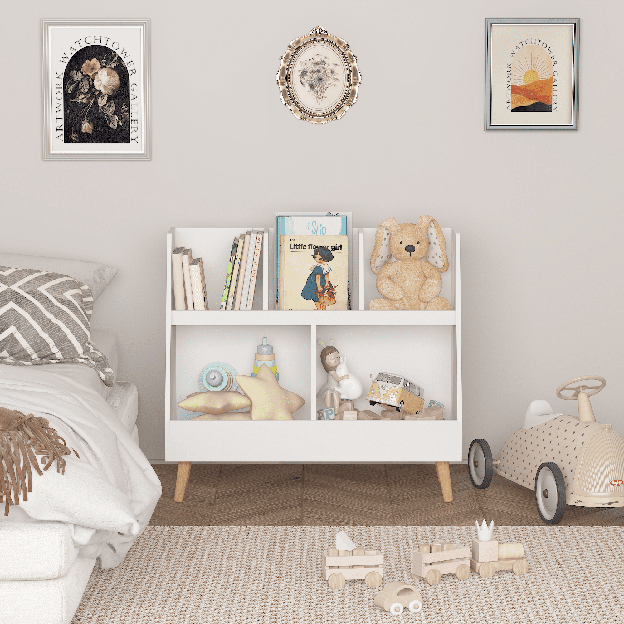 White Kids Bookshelf with 5 Cubbies, 28.54" Toy Organizer for Bedroom & Nursery, 2-Tier Storage Bookcase