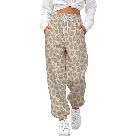 JIAYUE Women Sweatpants Elastic Drawstring Waist Leopard Print Soft Knit Loose‑Fit Jogger Pants for Daily Wear