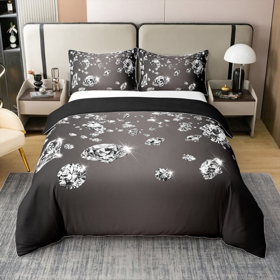 Glitter Bedding Set for Women Adult ,3D Sparkles Crystal Duvet Cover King,Silver Diamond Black Comforter Cover,Grey Gradient Quilt Cover Fashion Bedroom Decor