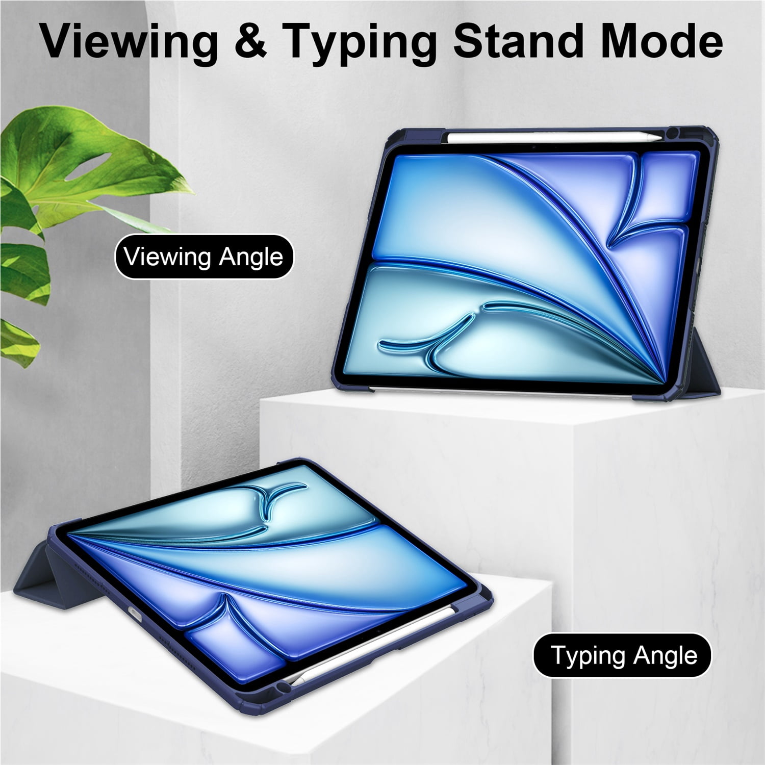 SaniMore Case for Apple iPad Air 13 (2024), Auto Sleep/Wake Shock Resistant [Built-in Pencil Holder] Flip Stand [Dual Angle] Transparent Slim Lightweight Anti-fall Tablet Shell, Deep Blue
