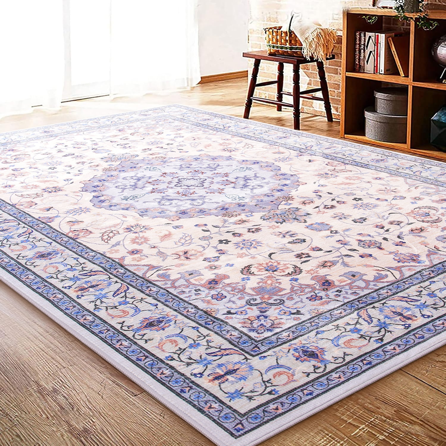 Jamfeel Area Rugs Vintage Floral Printed Washable Non-slip Carpets Foldable Thin Low Pile Rug for Living Room Bedroom 8'x10' Blue