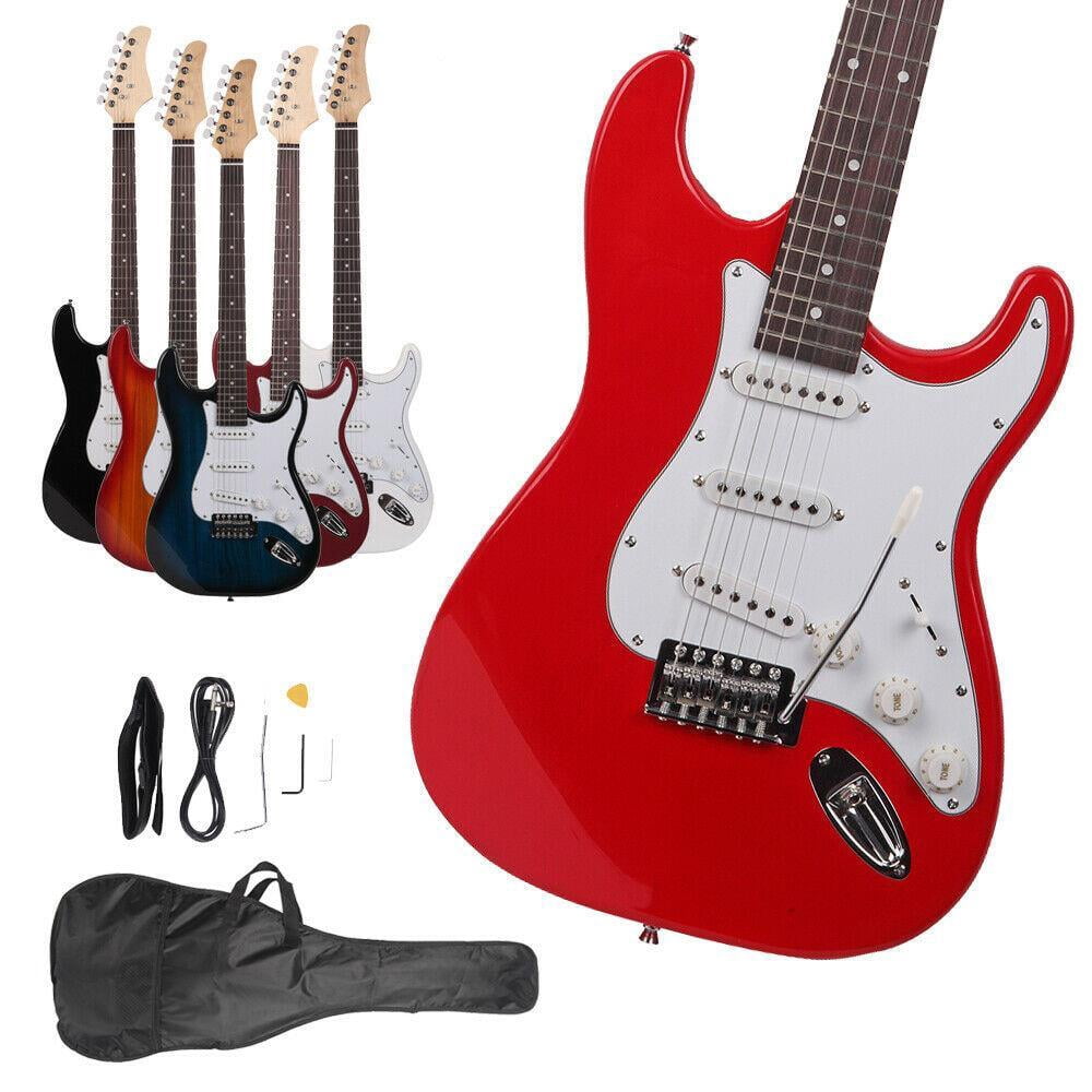 FASCK 39 Inch Electric Guitar, Full-Size Beginner Solid Body Guitar Kit with Gig Bag Strap Tremolo Bar Cable Picks,Sunset Red