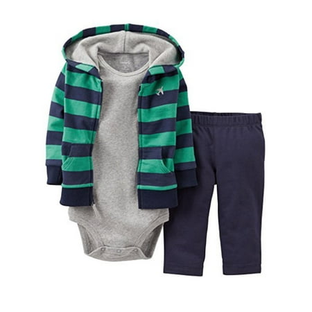 Carters Infant Boys 3 Piece Striped Airplane Outfit Sweat Pants Creeper & Hoodie