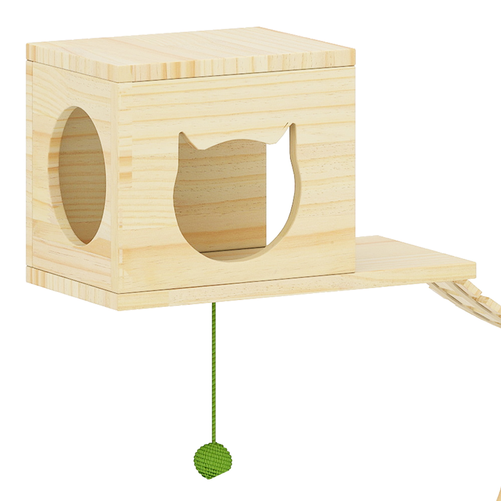 Uforic Cat Wall Shelves and Perches, Wooden Wall-Mounted Cat Furniture Set of 16 with 3 Cat House, 7 Shelves, 2 Sisal Posts & Hanging Balls for Indoor, Green & Wood