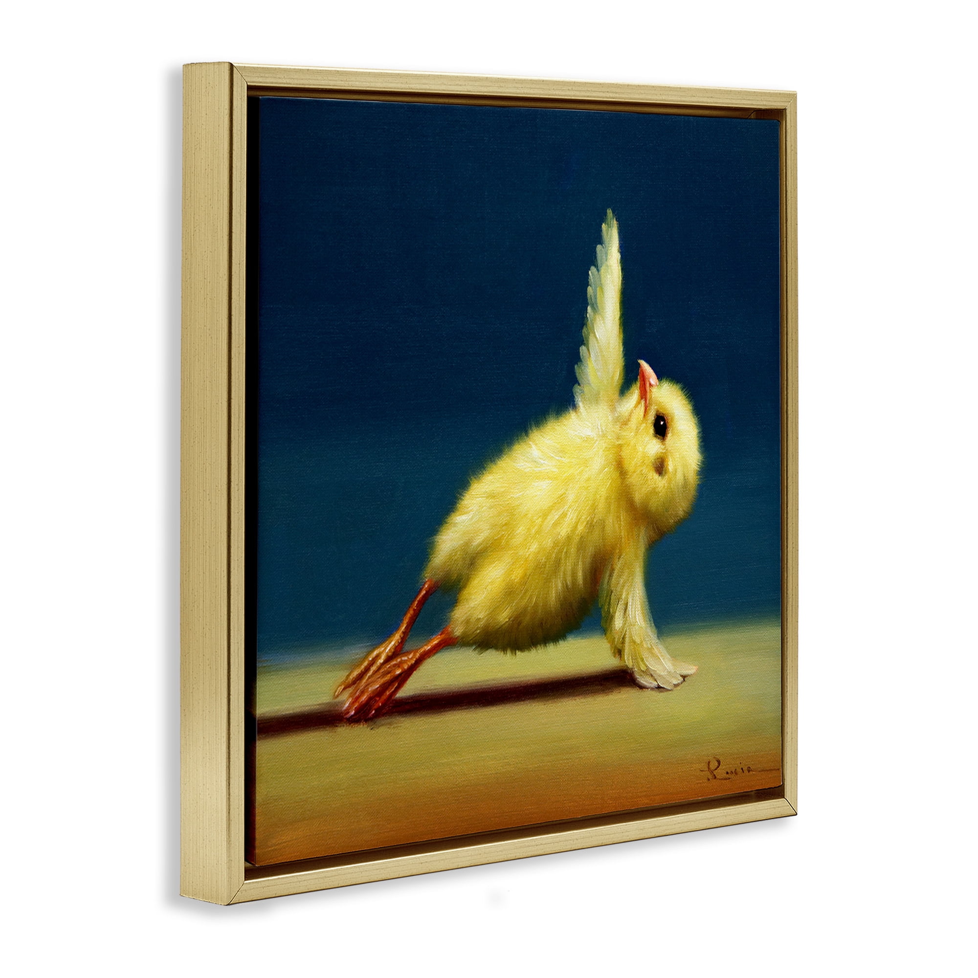 Stupell Industries Yellow Chick Stretching Yoga Animals & Insects Painting Gold Floater Framed Canvas Art Print Wall Art, 18 x 18