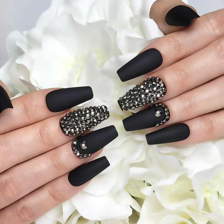 Hypnaughty 24 Pcs Rhinestone Noir Coffin Press On Nails with Design and  Glue Matte Black Ombre Glitter and Rhinestones Long Fake Nails 
